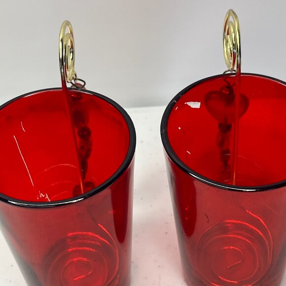 Pair Red Glass Luminary Votive Candle Holder Decorative Hearts Golden Wire Roman - Picture 7 of 17
